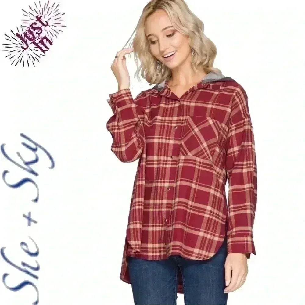 “PJ” Plaid Hooded Button Up Top